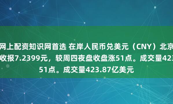 网上配资知识网首选 在岸人民币兑美元（CNY）北京时间03:00收报7.2399元，较周四夜盘收盘涨51点。成交量423.87亿美元